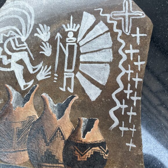 Vtg Navajo Slate Hieroglyphics Signed Kokopelli Pottery Hand Painted Legend - Picture 4 of 5